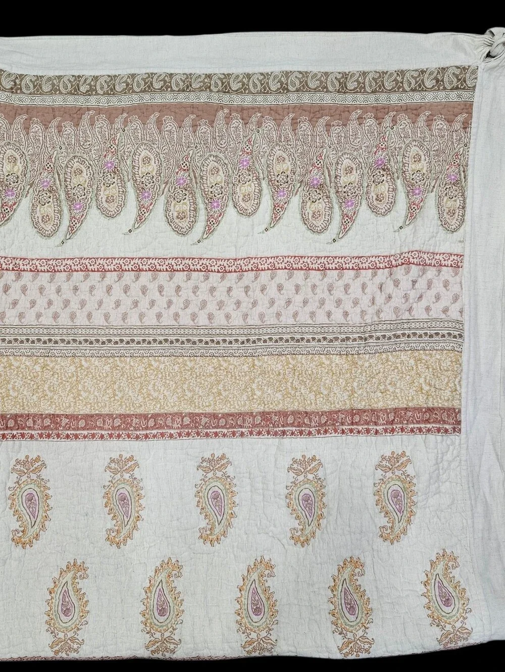 Soft Surroundings Paisley Stripe QUEEN Muslin Quilt Oatmeal Pink Mustard Muted